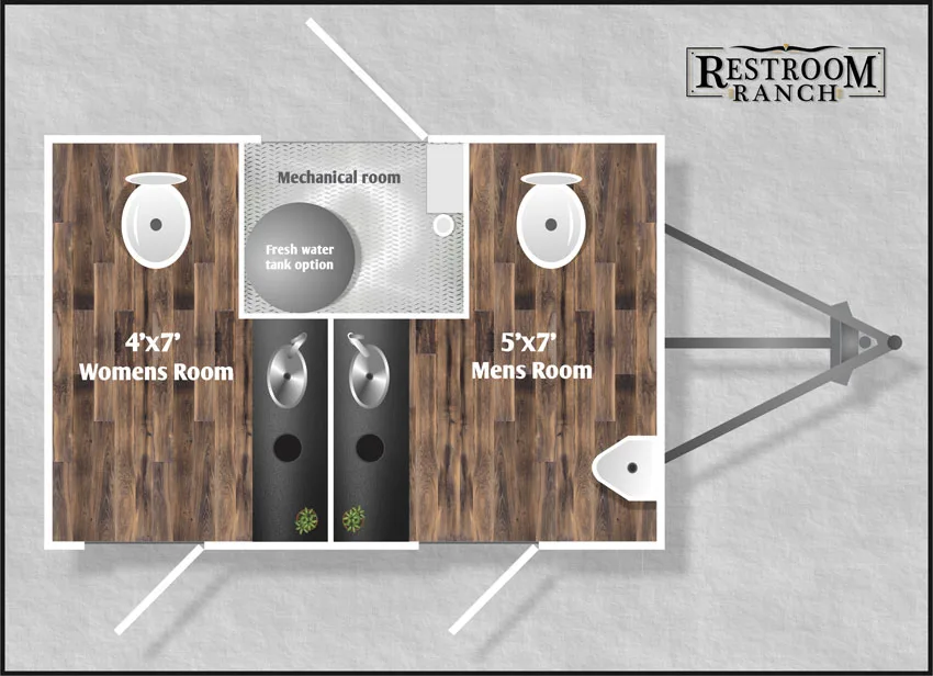 2-station luxury restroom trailer floor plan with two private rooms