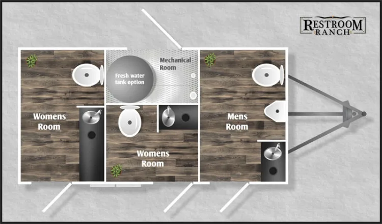 3-station luxury restroom trailer floor plan with separate women's and men's rooms