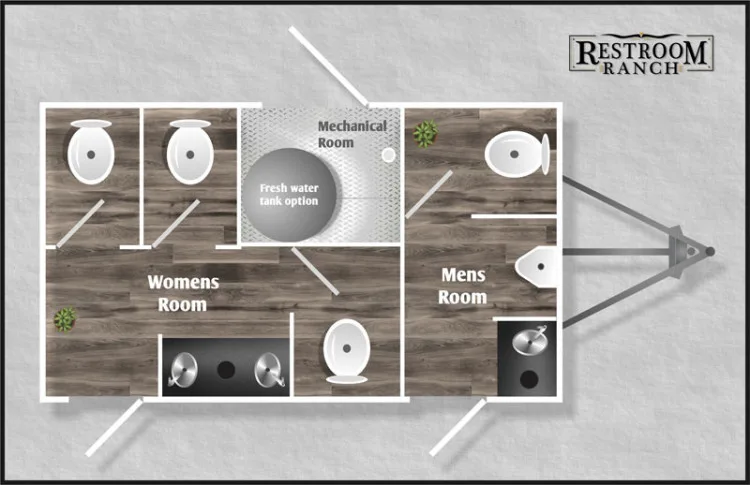 5-station luxury restroom trailer floor plan with separate wings